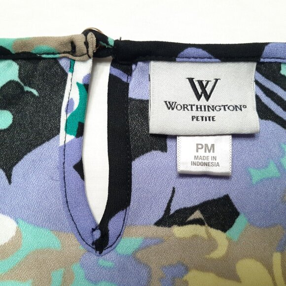 Worthington Top Womens Petite PM Green Floral Short Sleeve Keyhole 36 in Chest - Picture 9 of 13